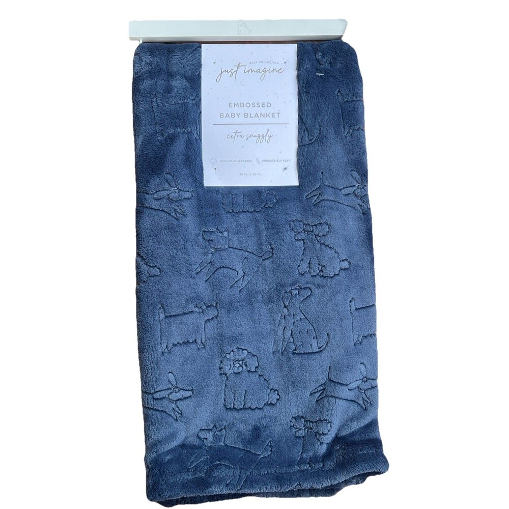 Just Imagine Cute Puppies Embossed Baby Blanket Dark Blue Puppy Dog Soft New